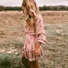 Vestidos casuais ayualin rosa estampa floral de manga longa mini mulheres cintura elástica Rayon Autumn Ruffles Dress 2023 Boho Robe Playdress