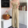 Women's Two Piece Pants Women Khaki Casual Vest Sleeveless Vintage Y2K Simple Fashion Straight Wide Leg Female 2023 Summer Solid Trouser