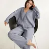 Frauen Nachtwäsche Hauskleidung reine Baumwolle V-Ausschnitt Single Breace Hemd Weitbein Hosen Pyjama Lose Hosen Frau 2 Stück Loungewear
