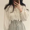 Cardigan blanc fin à manches lanternes pour Femme, manteau court, Pull, haut en tricot, Style coréen, t-shirt décontracté, 2023
