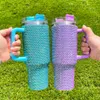 wholesale Multicolour Super Sparkly rhinestone studded 40oz full wrap bling Stainless Steel vacuum insulated tumbler with handle Lid and Straw