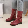 Goth Mid-Calf Women Female 43 Plus Size Buckle Low Square Heel dragkedja Läder Flat Shoes Red Black Grey Boots 2022 T230824 337