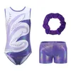 Body Mechanics Vêtements Costume de gymnastique avec short de corps Bande de cheveux Enfants Filles Patchwork Imprimé Justaucorps Sans Manches Jersey Combinaison Survêtement Gym Suit 230825