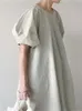 Grundläggande avslappnade klänningar Realeft Summer White Korean Puff Sleeve Women's Long High midja 2023 Loose Oneck Fashion Aline Dress Female 230825