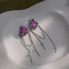 Kolczyki Dangle Pink Purple Love Heart Pearl Long Tassel słodki romantyczny łańcuch cyrkon kryształ dla kobiet biżuteria dziewczyna