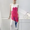 Casual Dresses Miyake Pleated Big Flower Printed Mid-length Party For Women 2023 Summer Elegant Sleeveless O-neck Slim Dress