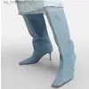 유럽과 미국의 길이 데님 무릎 새로 새로운 슬림 하이힐 세련된 광장 발가락 패션쇼 여성의 긴 부츠 T230824 94AC8
