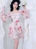 Abiti casual in chiffon con maniche a sbuffo Abito floreale vintage da donna Elegante stampa dolce Mini festa di moda coreana Fata Estate 2023