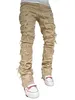 Erkekler Kot pantolon sıkıntılı kot kot ince fit yamalı düz bacak gerilebilir yırtık pantolon sokak kıyafetleri 230825