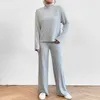 Pantalon de deux pièces pour femmes, hauts à col roulé, jambes larges, ensemble de pantalons en tricot doux, t-shirts de salon, costume ample et confortable, couleur unie