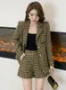 Women's Tracksuits Fall Winter Retro Plaid Tweed Jacket With Shorts Set Elegant OL Long Blazer Coat And Two Piece Women Woolen Outfits