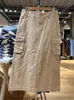 Jupes Vintage Kaki Casual Cargo Chic Solide Poches Latérales Sexy Taille Basse Jupe Longue Femmes Été Streetwear Y2k Vêtements 2023