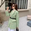 يمزج الصوف النسائي الأزياء Tweed Houndstooth Green Blazers Jacket Women Women Spring Spring Autumn Suit Corean Twiber Outdure Outwear 230824