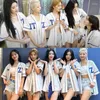 Fatos femininos kpop menina grupo dança sexy branco manga curta casaco jaquetas de beisebol roupas hip hop azul borla denim shorts mulheres dois