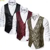 Gilet da uomo Gilet senza maniche in tessuto jacquard dorato Giacca monopetto con scollo a V Abito da festa di nozze Gilet nero vino rosso XXL