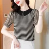 Kvinnors T-skjortor Zuo Man Ru 2023 Summer Doll Neck Black Silk Stripe Tryckt Chiffon Top Loose Large and Thin Slim Shirt T-shirt