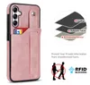 För Samsung A14 Case Slim Leather Hand Strap Card Holder Wallet Cover för Galaxy A54 5G A33 A53 A13 A72 A52 A12 A32 A73 RFID Blocking Slot Kickstand Conque