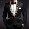 メンズスーツブレザーメン用のゴールドフローラルブレザーファッションスリムフィットスーツジャケット最新のフォーマルホームカミングウエディングウェディングエレガントショールラペルコート1ピース