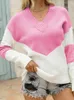 Women's Sweaters V-Neck Oversized Sweater Women 2023 Long Sleeve Color-block Knitted Pullovers Autumn Winter Jumper Knitwear Tops