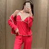 Women's Sleepwear Fdfklak Fresh Candy Color Cotton Pajamas Women Sexy Long Sleeve Shirt Sling Pant Three Piece Set 2023 Spring Homewear