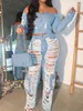 Women's Two Piece Pants Sexy Sets For Woman Outfit Denim High Waist Pocket Design Ripped Jeans 2023 Autumn Fashion Spicy Girl Attire