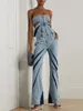 Women's Two Piece Pants Modphy Fashion Summer Slim Denim Jeans Set Zip Strapless Top & Flare Two-piece Casual Outfits