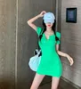 Party Dresses Summer Green Elegant Dress 2023 Women Sexy Casual Tight Miniskirt Women's Pure V-Neck Chest Button Short Sleeve