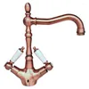 Kitchen Faucets Antique Red Copper Bathroom Vessel Sink Mixer Tap Faucet Swivel Spout Dual Ceramics Handles Arg001