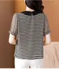 Women's T Shirts ZUO MAN RU 2023 Summer Doll Neck Black Silk Stripe Printed Chiffon Top Loose Large And Thin Slim Shirt T-shirt