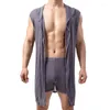 Мужская снаряда для сна, сексуальные рукавов пижамы сетка сетка блеск, прозрачные ванны с капюшоном мужская одежда для дома ночные рубашки с ремнем с ремнем