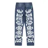 Tylna litera Drukuj Umyte niebieskie dżinsy dżinsy Zgrane streetwear proste, co stanowi duże workowate dżinsowe spodnie 308G