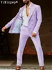 Herrdräkter blazers lila män 2 bit ed lapel dubbel breasted sommar blazer set traje de hombre elegante rese casual kostym jacka bantar 230824