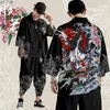 Fatos masculinos terno de duas peças preto tigre impressão japonês cardigan mulheres homens cosplay yukata roupas harajuku quimono calças conjuntos