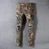 Americano streetwear moda masculina jeans camuflagem militar grande bolso denim calças de carga rasgado fino ajuste hip hop jean2983