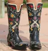 Women BONJOMARISA Embroidery Floral Brand Cowboy Western For Slip On Mid Calf Boots Casual Design Shoes Woman T230824 385