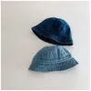 Accessoires pour cheveux Pliable Bébé Denim Seau Chapeau Vintage Enfants Protection Solaire Casquettes Été Pêcheur Coupe-Vent Sangle Garçons Filles Parasol