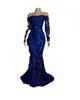 2023 Sexy Arabic Black Sequins Evening Dresses Wear Illusion Sequined Lace Off Shoulder Mermaid Long Sleeves Party Gowns Formal Prom Dress