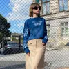 Sweats à capuche pour femmes Femmes Sweatshirts Tie Dyed Deep Blue Papillon Imprimer Lâche Col Rond Manches Longues Casual Top Automne Basique Polyvalent Y2k