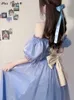 Sommer Blau Frankreich Vintage Fee Kleid Retro Elegante Abend Party Midi Dresse Puff Sleeve Sexy Korea Prinzessin 2022 230808