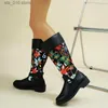 Boots Womens Genuine Leather Knee High Embroidered Vintage Shoes Ethnic Style Winter Zipper Cow Suede Lace Up Long Boots T230824