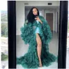 dunkelgrün Mode Rüschen Tüll Kimono Abendkleider Robe Extra Puffy Prom Party Kleider Puffärmel Afrikanischer Umhang Umhang Pregn278E