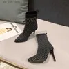 Sexig 2023 Crystal Fashion Rhinestone Stretch Fabric Ankle Boots For Woman Pointed Toe Shoes Party Modern Autumn Booties 3C19
