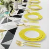 Wegwerpservies Set van 60 dinerborden Geel plastic dienblad met gouden rand Zilverwerk Feestartikelen voor bruiloften 230825