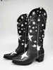 Bot kadın batı botları işlemeli moda tıknaz topuk ayakkabıları kadın 2022 yeni yıldız tasarım slip üzerinde kovboy cowgirl botları siyah marka t230824