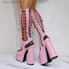 Сапоги рибтрини розовый панк -стиль круглая ножка плаформ высокие каблуки вырезка летние коленные сапоги на молнии дизайнерские модные ботинки T230824