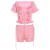 Women's Tracksuits Ruffles Lace Up Cardigan Tops 2 Piece Set Women Summer Beach Wear Sexy Outfits Crochet Knit Sweaters Two Short Pants