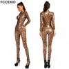 Sexy Set FCCEXIO Sexy Leopard Bodysuit Wet Look Faux Leather Catsuit Erotic Women Zipper Open Crotch Jumpsuit Mistress Sex Costumes 230825