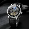 Wristwatches Forsining Luxury Skeleton Mechanical Watches for Men Dual Time Zone Tourbillion Automatic Watch Genuine Leather Strap Moon Phase 230825