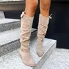 Laarzen 2022 Nieuwe Mode Lage Hak Zijrits Maat 43 Suède Dij Hoge Dameslaarzen Retro Vrouw Booties Herfst Winter Knie Hoge Laarzen T230824