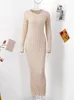 Basic Casual Dresses Elegant Knitted Pleated Maxi Dres Spring Ribbed O-neck A-line Dresses Female Casual Lace Up Apricot Fashion Robe 230824